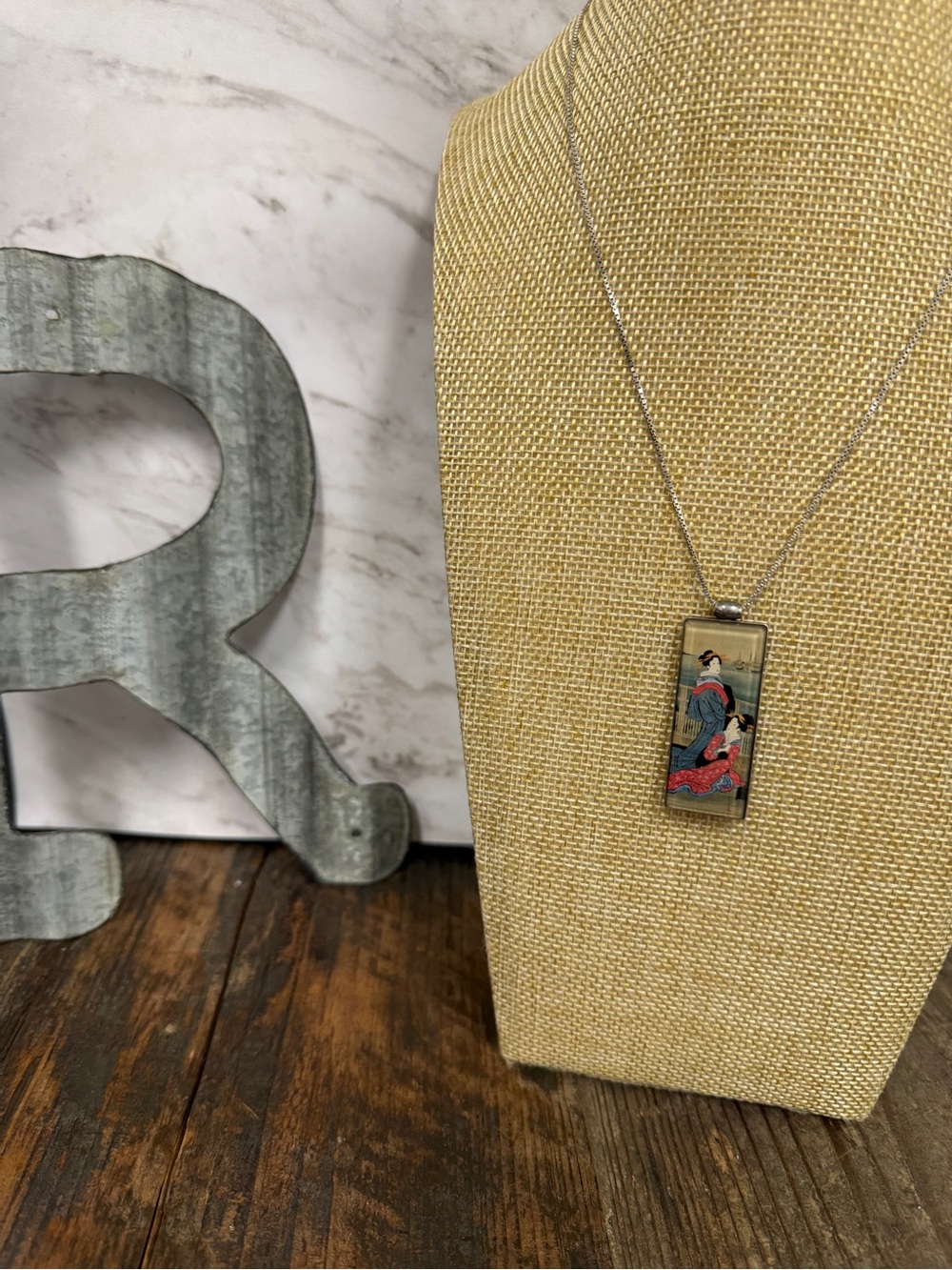 Sterling Silver Ukiyo-e Style Japanese Geisha Reversible Pendant